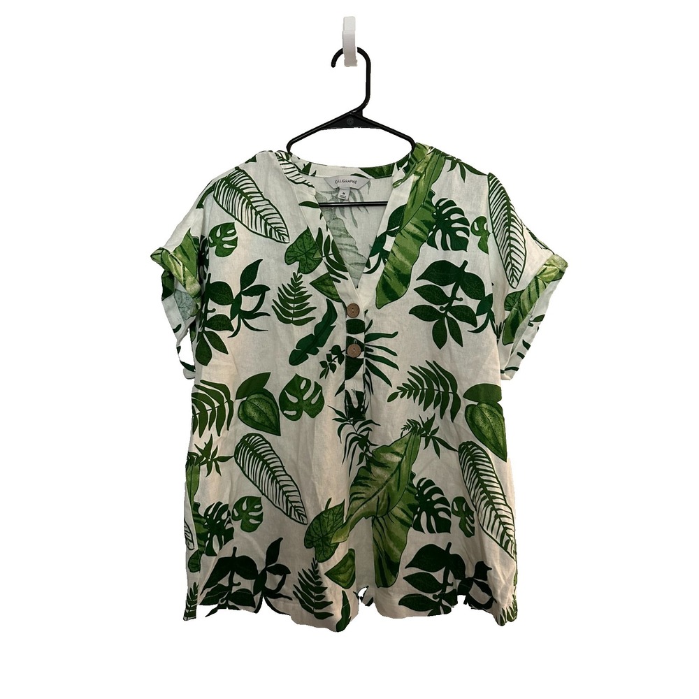 Calligraphie Floral‎ Leaf Print Button Front V-Neck Short Sleeve Blouse M
